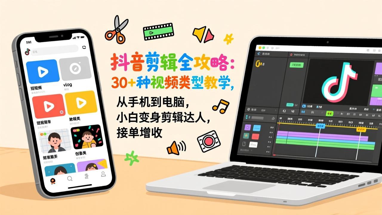 抖音剪辑全攻略：30+种视频类型教学，从手机到电脑，小白变身剪辑达人，接单增收|雷宸资源库