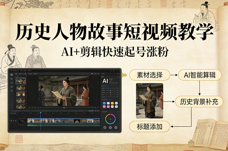 历史人物故事短视频教学，AI+剪辑制作历史人物题材短视频，快速起号涨粉|雷宸资源库