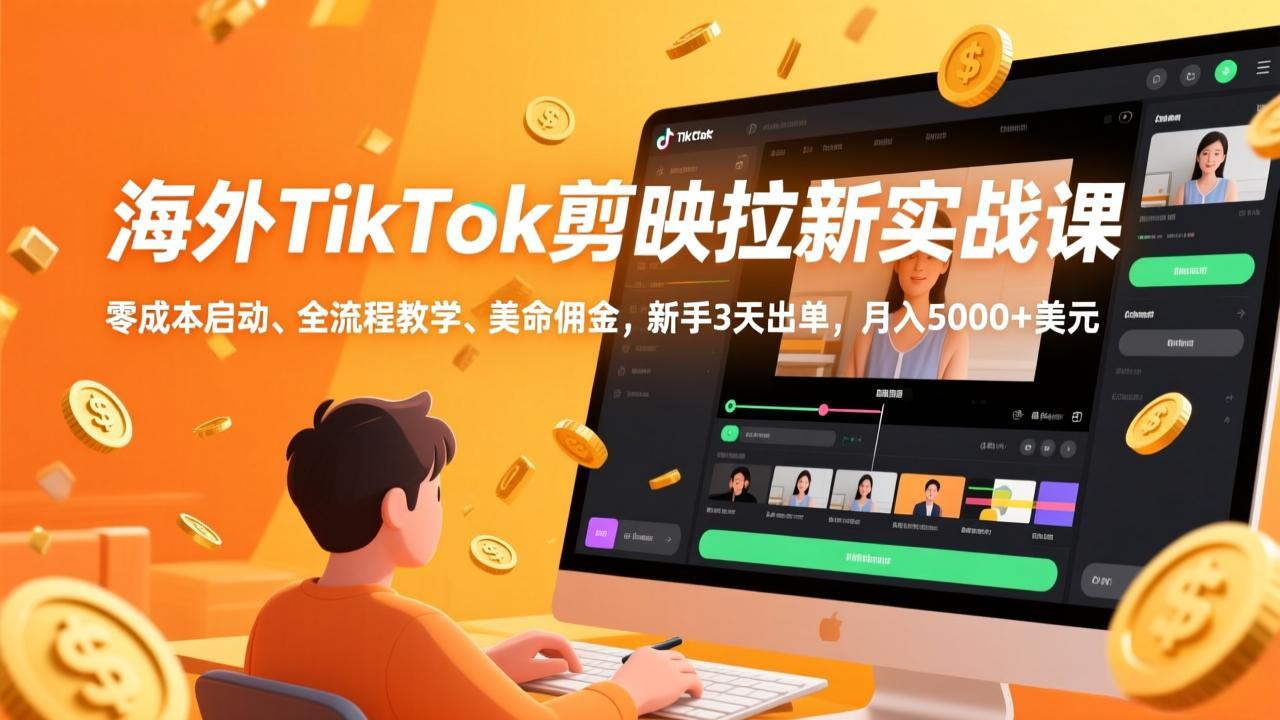 海外TikTok剪映拉新实战课，零成本启动、全流程教学、美金佣金，新手3天出单，月入5000+美元|雷宸资源库