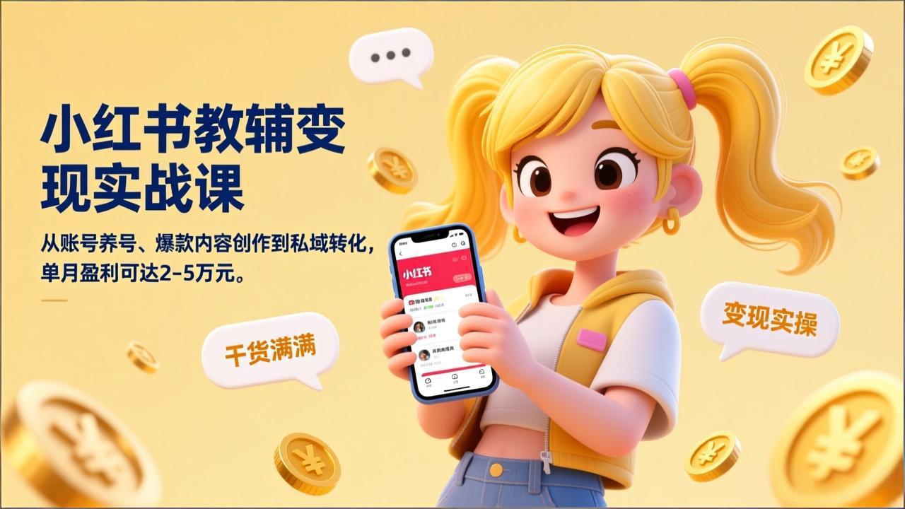 小红书教辅变现实战课，从账号养号、爆款内容创作到私域转化，单月盈利可达2-5万元|雷宸资源库