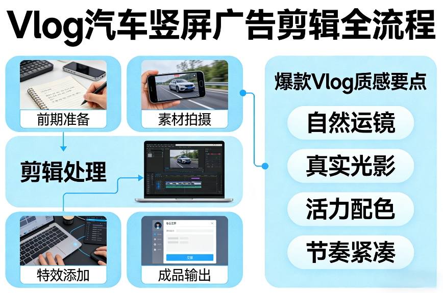 Vlog感觉汽车竖屏广告剪辑脚本全流程，拿捏爆款Vlog质感|雷宸资源库