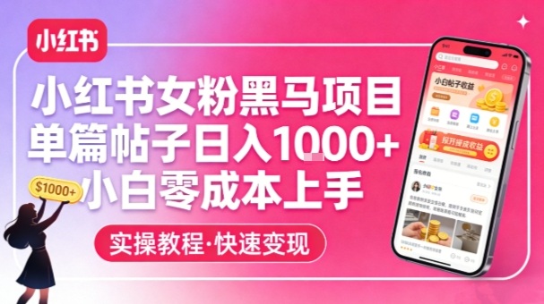 小红书女粉黑马项目，单篇帖子日入1k+，小白零成本上手|雷宸资源库