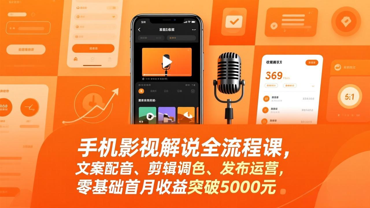 手机影视解说全流程课，文案配音、剪辑调色、发布运营，零基础首月收益突破5000元|雷宸资源库