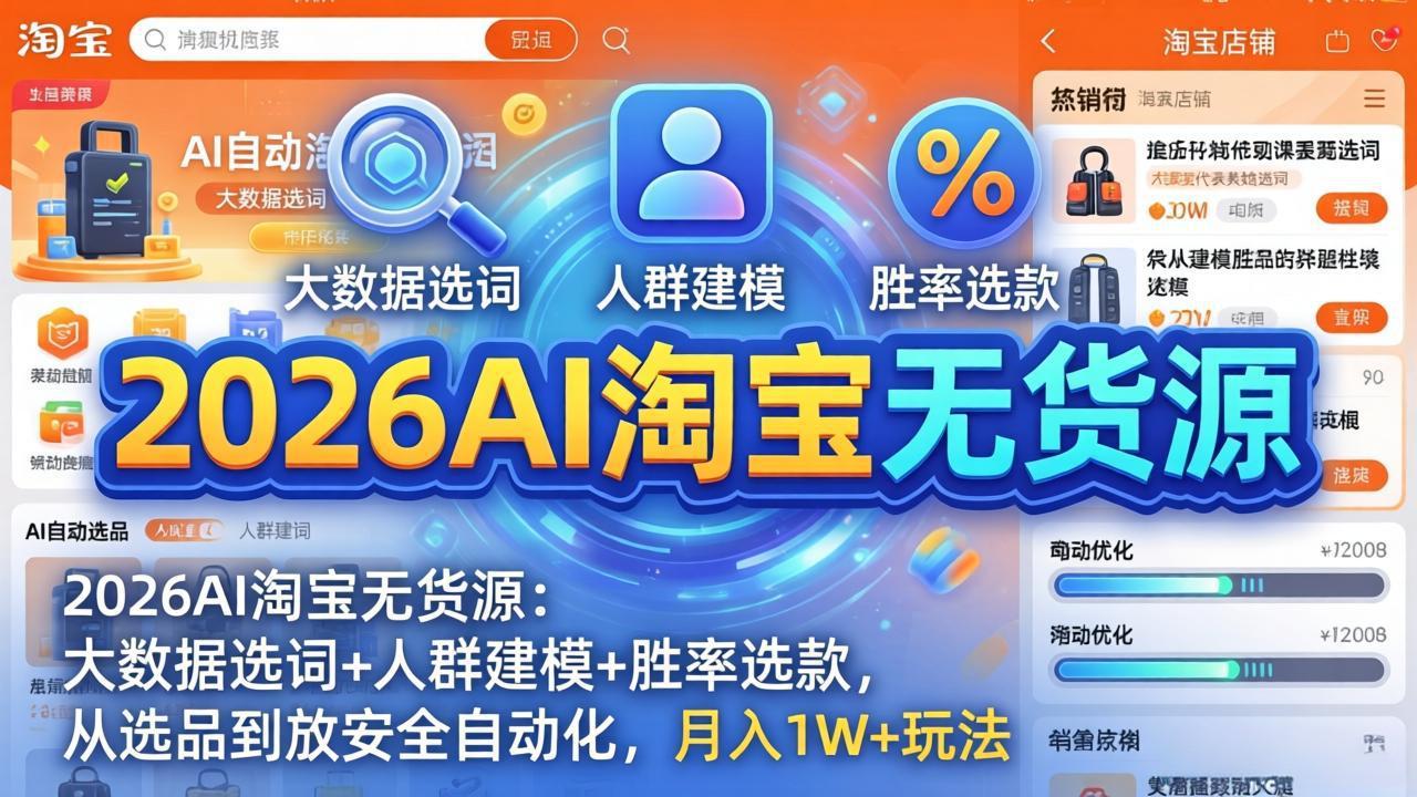 2026AI淘宝无货源：大数据选词+人群建模+胜率选款，从选品到放大全自动化，月入1W+玩法 - 雷宸资源库|雷宸资源库