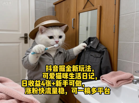 抖音掘金新玩法，可爱猫咪生活日记，日收益4张+新手可做，涨粉快流量稳，可一稿多平台|雷宸资源库