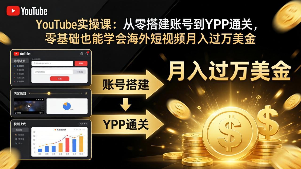 YouTube实操课：从零搭建账号到YPP通关，零基础也能学会海外短视频月入过万美金|雷宸资源库