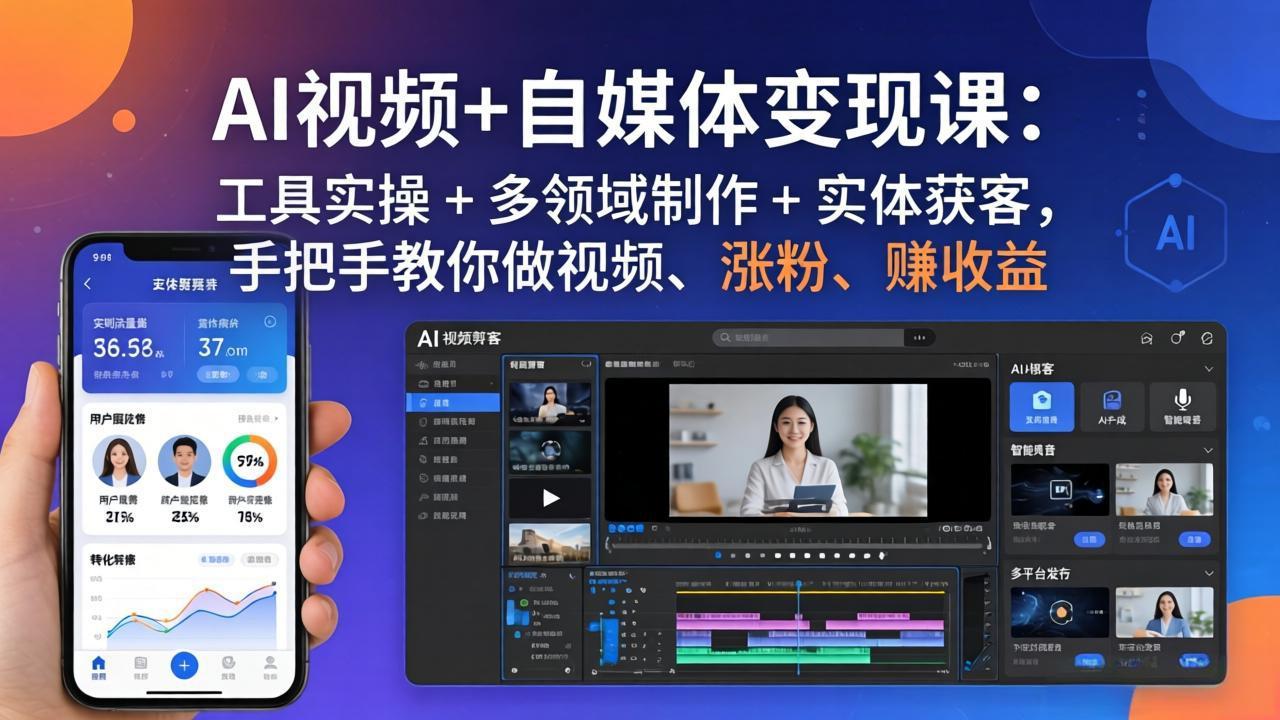 AI视频+自媒体变现课：工具实操 + 多领域制作 + 实体获客，手把手教你做视频、涨粉、赚收益 - 雷宸资源库|雷宸资源库