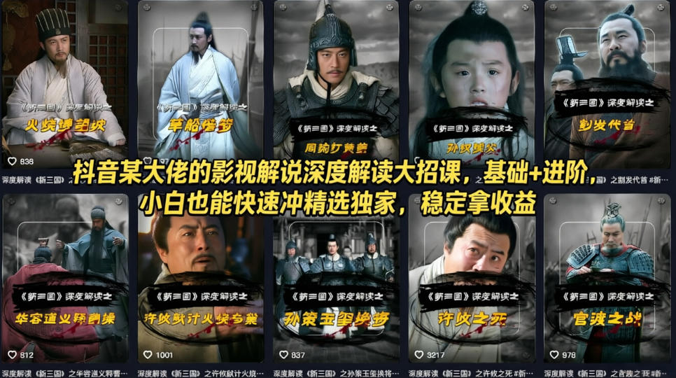 抖音某大佬的影视解说深度解读大招课，基础+进阶，小白也能快速冲精选独家，稳定拿收益|雷宸资源库