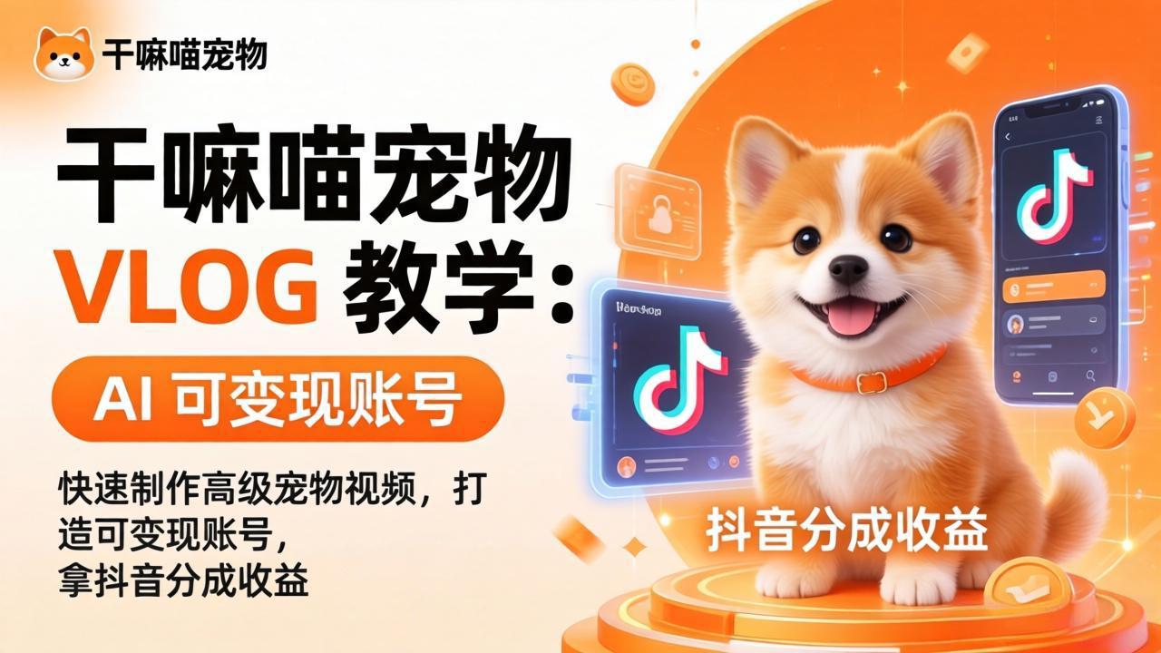 干嘛喵宠物 VLOG 教学：AI 快速制作高级宠物视频，打造可变现账号，拿抖音分成收益|雷宸资源库