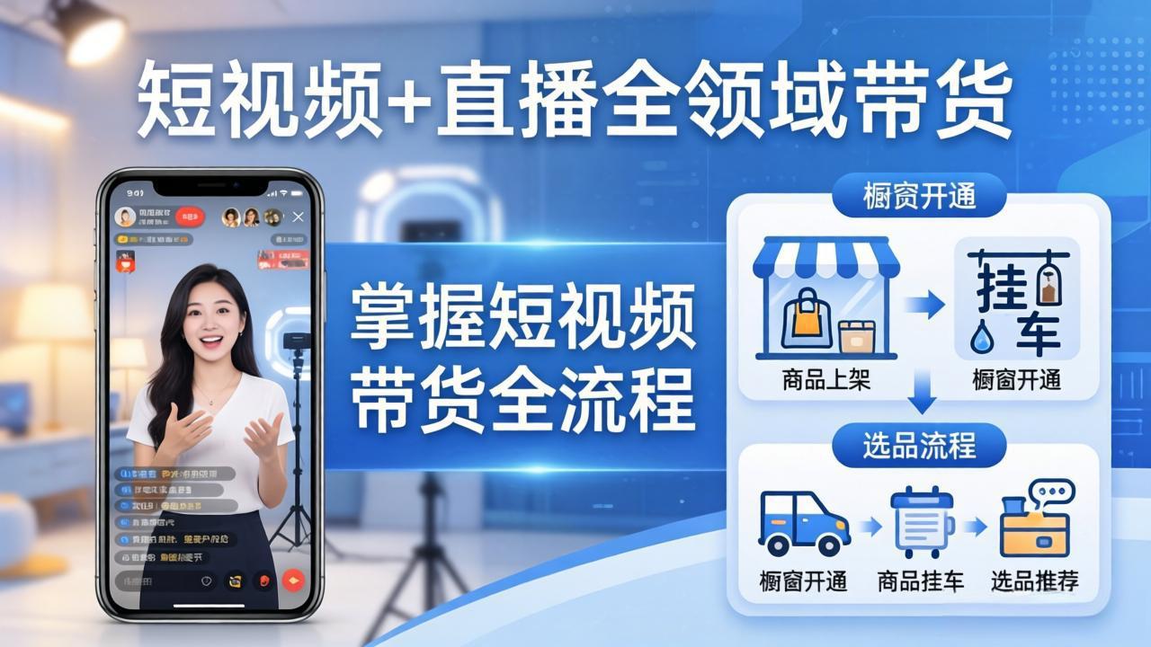 短视频+直播全领域带货-更新：掌握橱窗开通、挂车、选品、爆款文案改编等短视频带货全流程|雷宸资源库