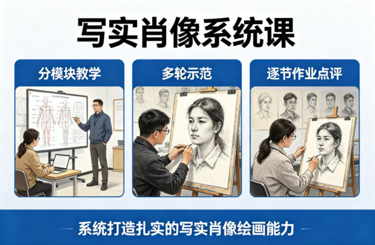 写实肖像系统课，全程分模块教学+多轮示范+逐节作业点评，系统打造扎实的写实肖像绘画能力|雷宸资源库