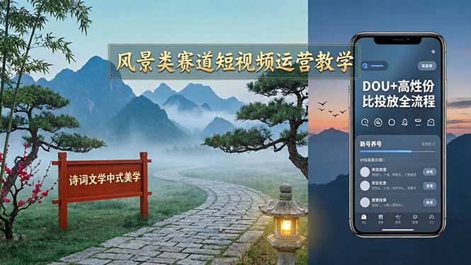 风景类赛道短视频运营教学：诗词文学中式美学，新号养号对标账号定位，DOU+高性价比投放全流程|雷宸资源库