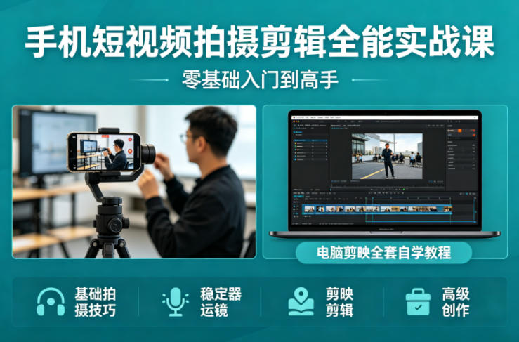 手机短视频拍摄剪辑全能实战课：零基础入门到高手，稳定器运镜+电脑剪映全套自学教程|雷宸资源库