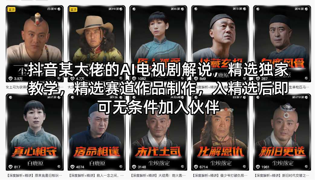 抖音某大佬的AI电视剧解说，精选独家教学，精选赛道作品制作，入精选后即可无条件加入伙伴|雷宸资源库