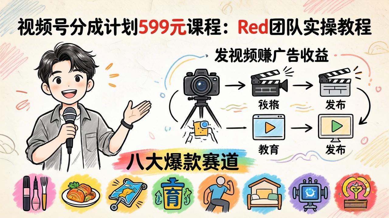 视频号分成计划599元课程：Red团队实操教程，发视频赚广告收益，八大爆款赛道全掌握|雷宸资源库