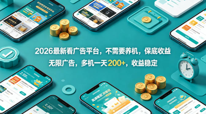 2026最新看广告平台，不需要养机，保底收益，无限广告，多机一天200+，收益稳定【揭秘】|雷宸资源库